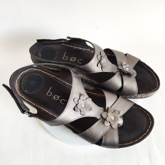 Born Boc Slingback Sandals Size 10 /42 Leather Open Toe Metallic Pewter Strappy - Picture 9 of 13